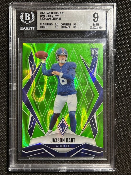 Jaxson Dart 2025 Phoenix #200 Green Winter /149 Price Guide  2025 Panini Phoenix Rookies Jaxson Dart #200 Lime Green Lava /225 RC BGS 9 MINT